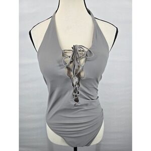 Aerie‎ Grey Lace Up Front Halter One Piece Swimsuit Low Back Size Large